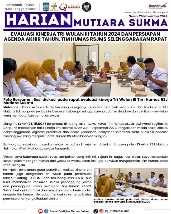 EVALUASI KINERJA TRI WULAN III TAHUN 2024 DAN PERSIAPAN AGENDA AKHIR TAHUN, TIM HUMAS RSJMS SELENGGARAKAN RAPAT